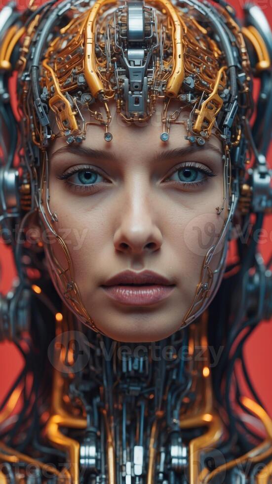 Futuristic cyborg showcasing intricate internal mechanisms and processors as a representation of artificial intelligence and machine learning. photo