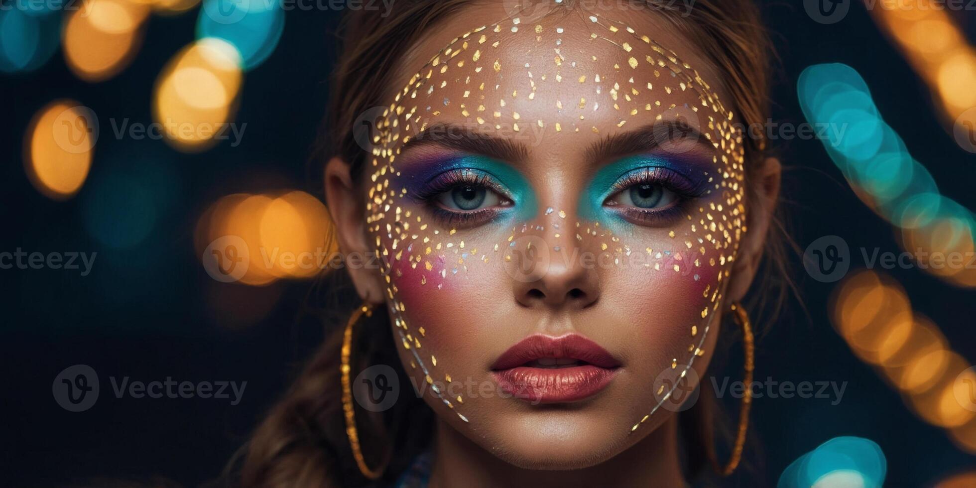 Colorful Fashion Model with Creative Makeup and Lighting. photo