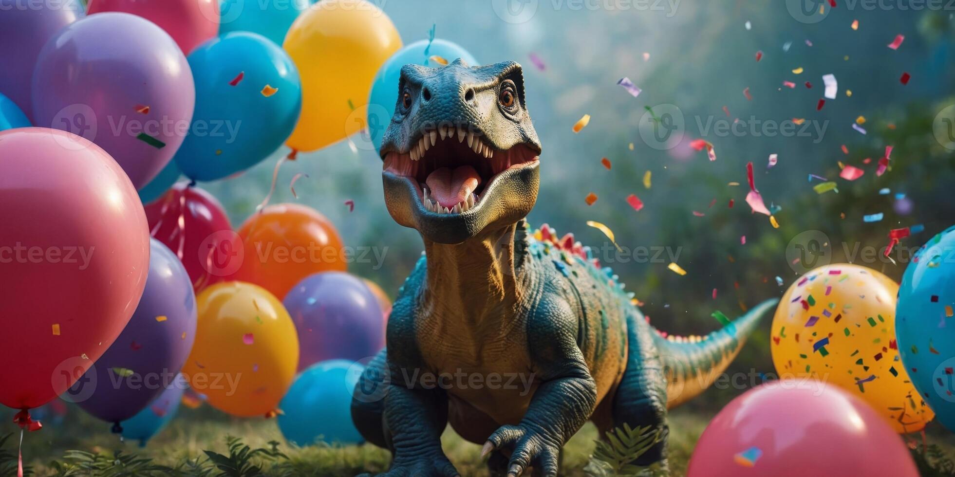 Colorful Dinosaur Party With Balloons And Confetti. photo
