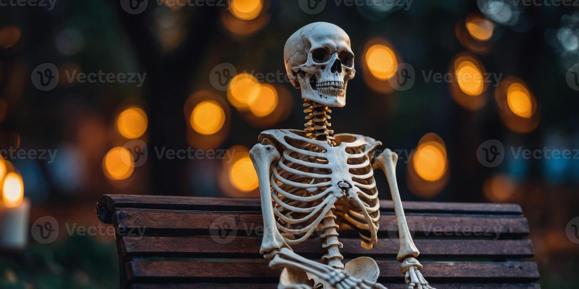 A skeleton is sitting on a bench with candles around it. photo