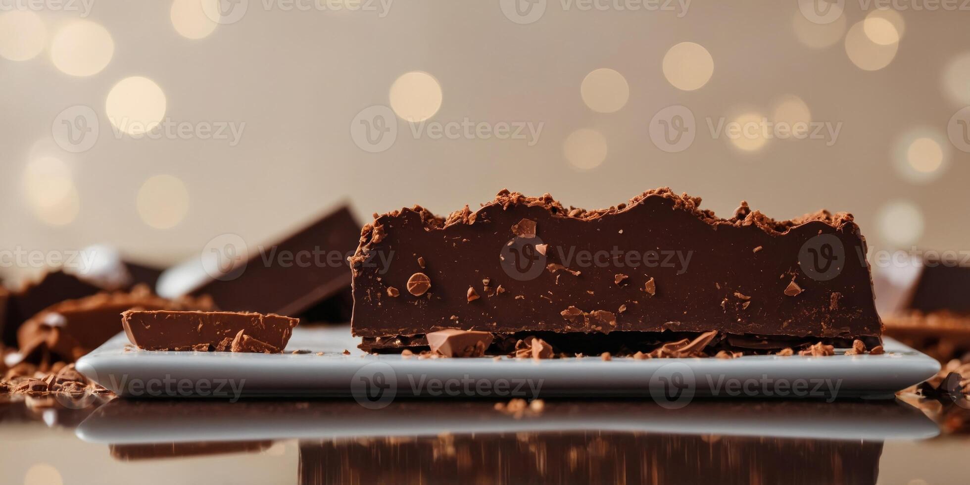 A chocolate bar with a white border and a piece missing. photo