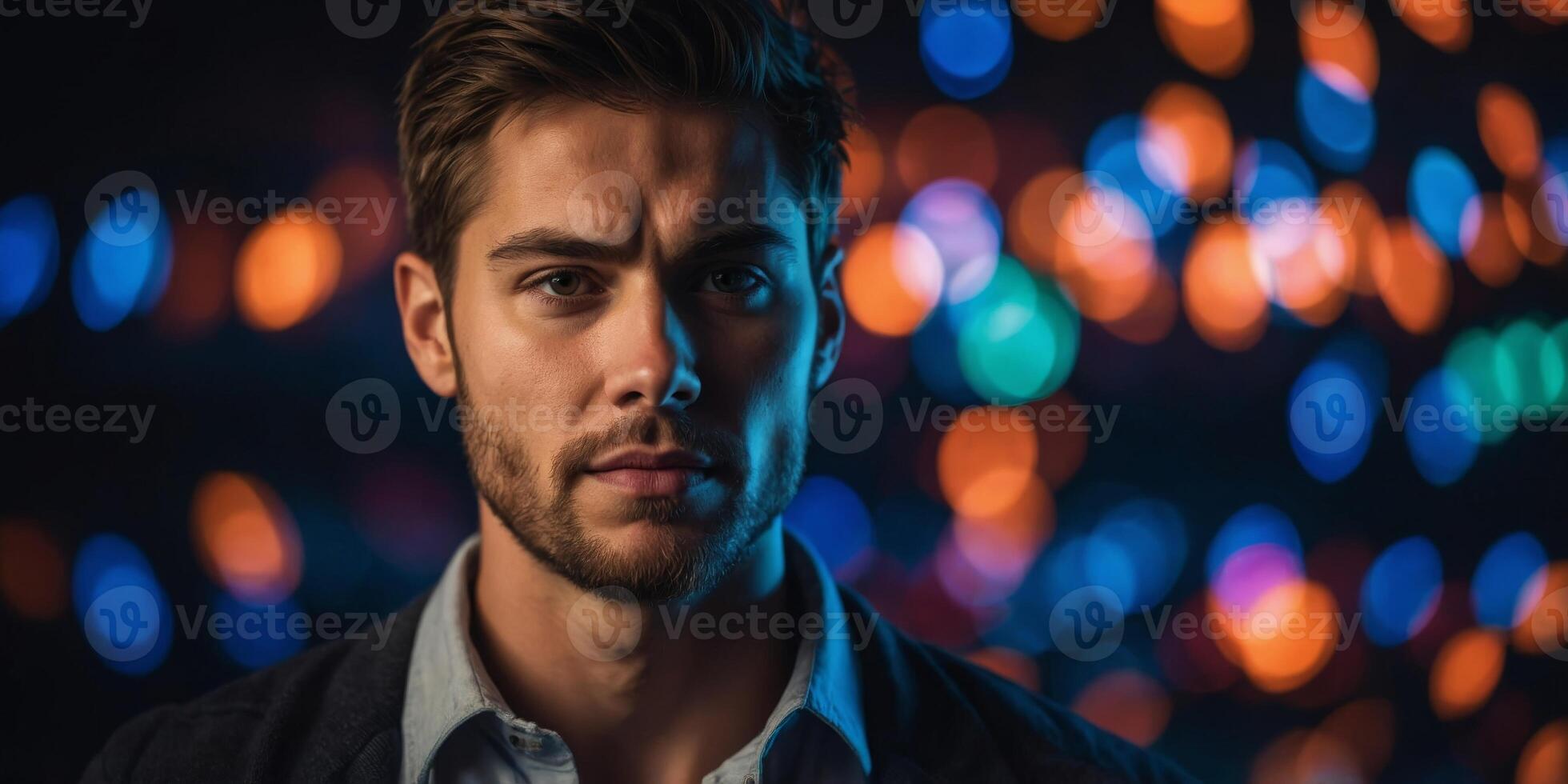 Animated expressions lit by spectrum of vivid lights. photo