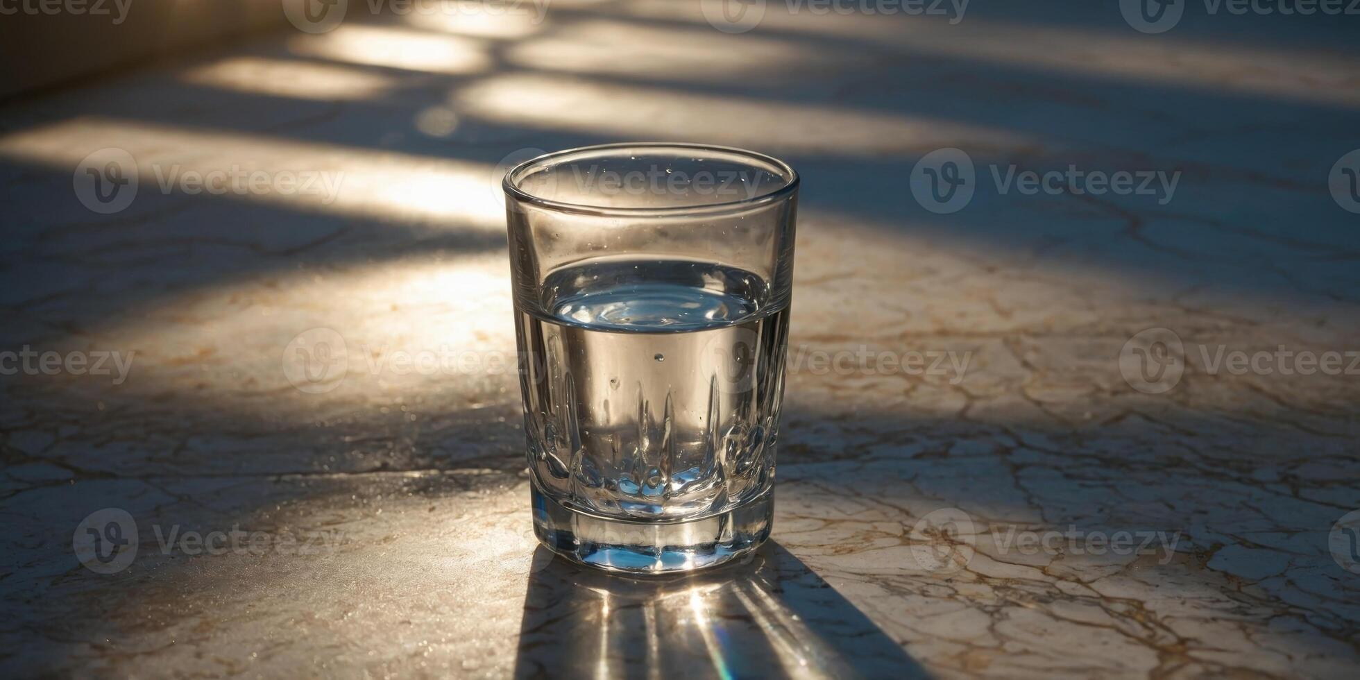 A glass of water stands on a marble floor in the rays of the sun with light and shadow effect. photo