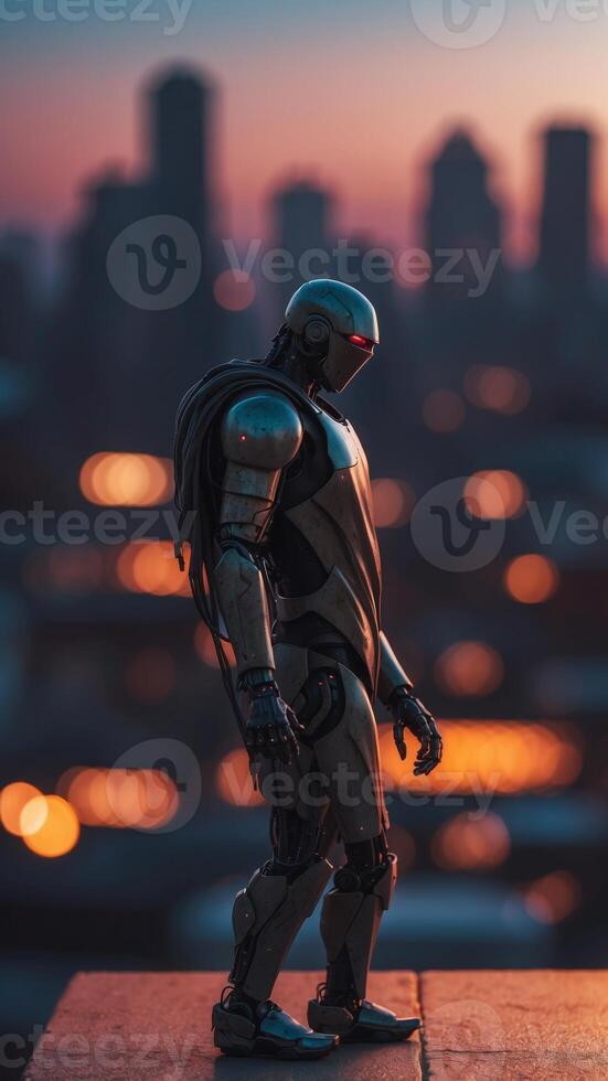 Reaper robot looking at the evening city. photo