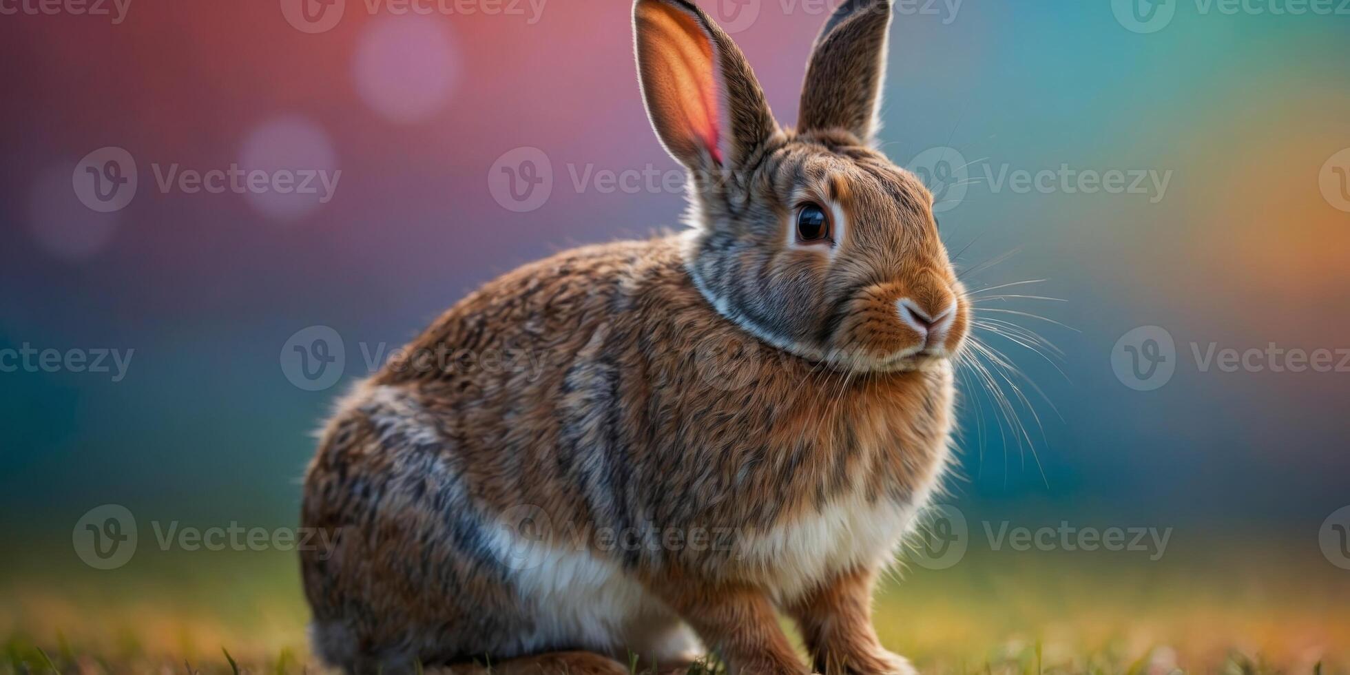colorful rabbit is standing in front of a colorful background. photo