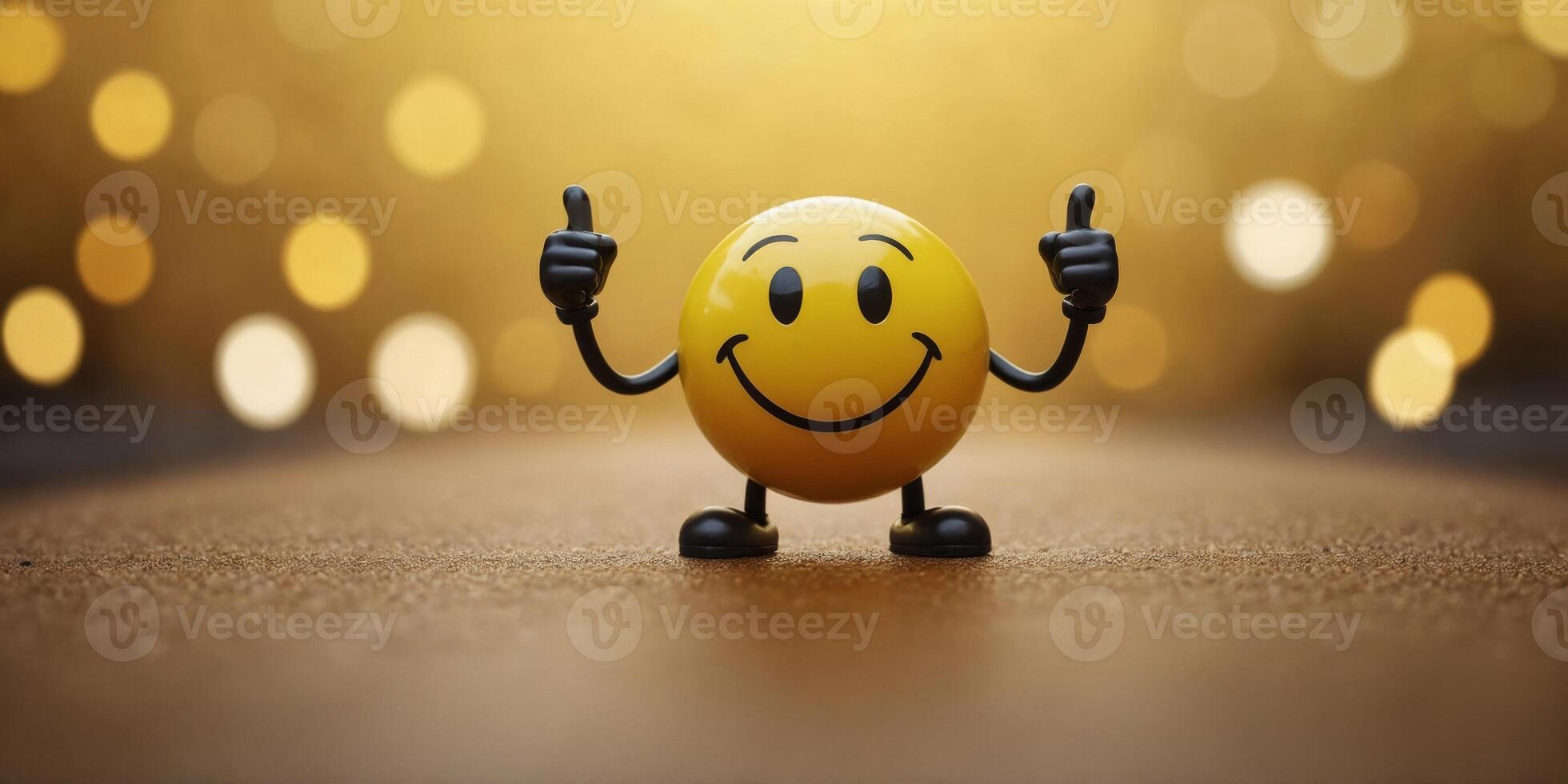 A yellow smiley face with two thumbs up on a yellow background. photo