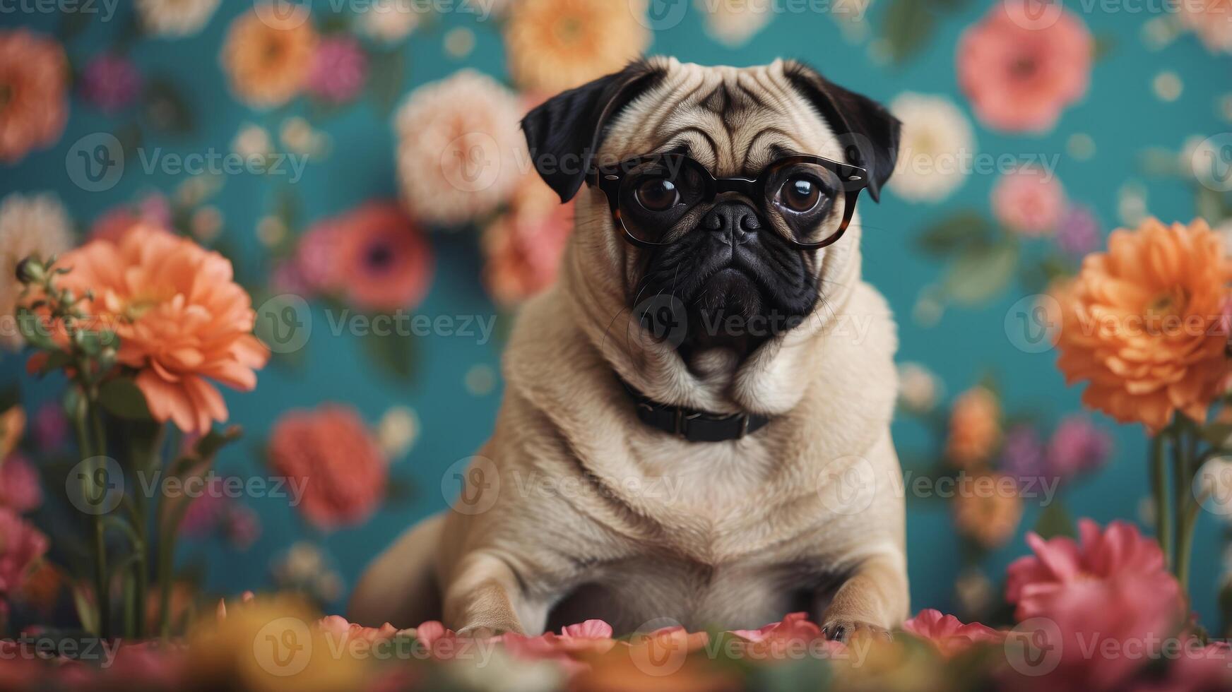 A pug dog wearing glasses sitting in front of a floral wallpaper. photo