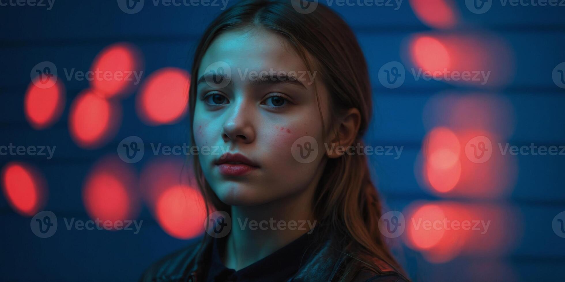 a young girl with a red light on her face and a blue background. photo