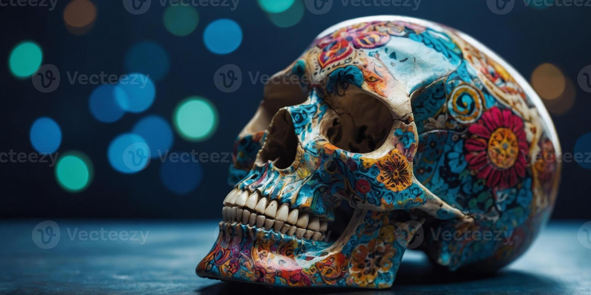 A skull with colorful designs on it is sitting on a blue background. photo