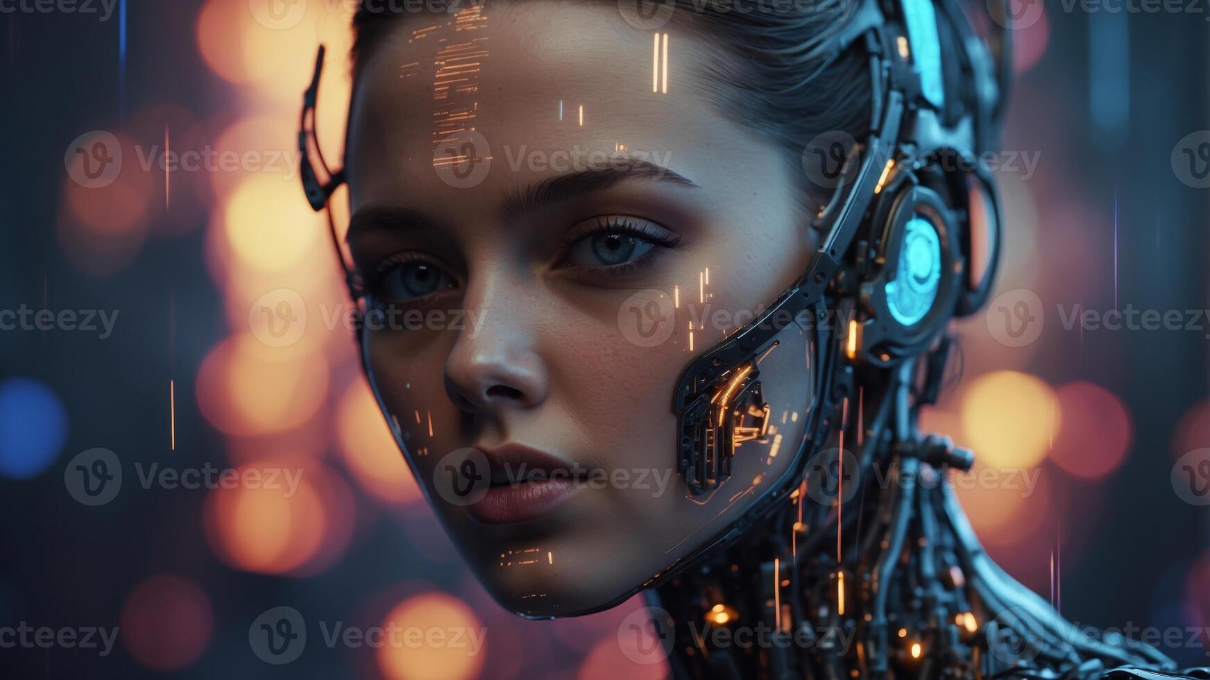 Artificial intelligence robot face with glowing data code. photo