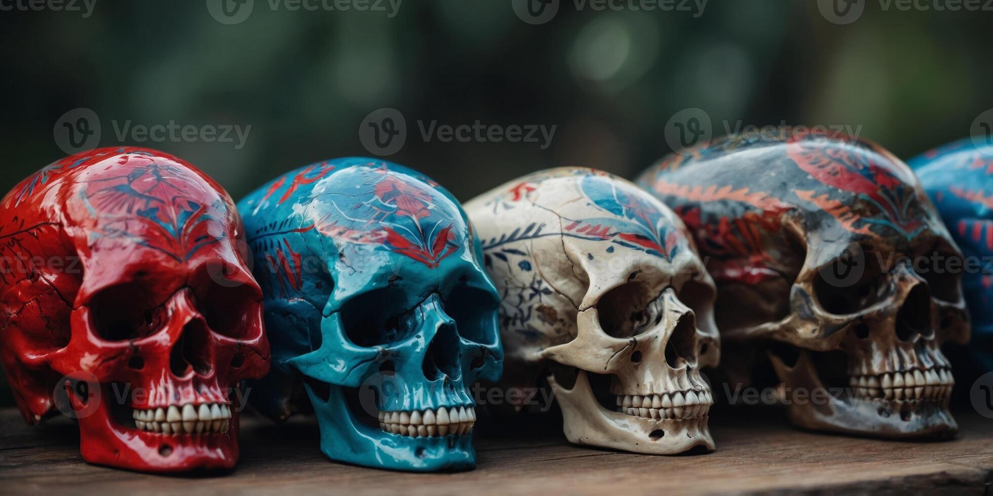 A row of colorful skulls with blue and red designs on them. photo