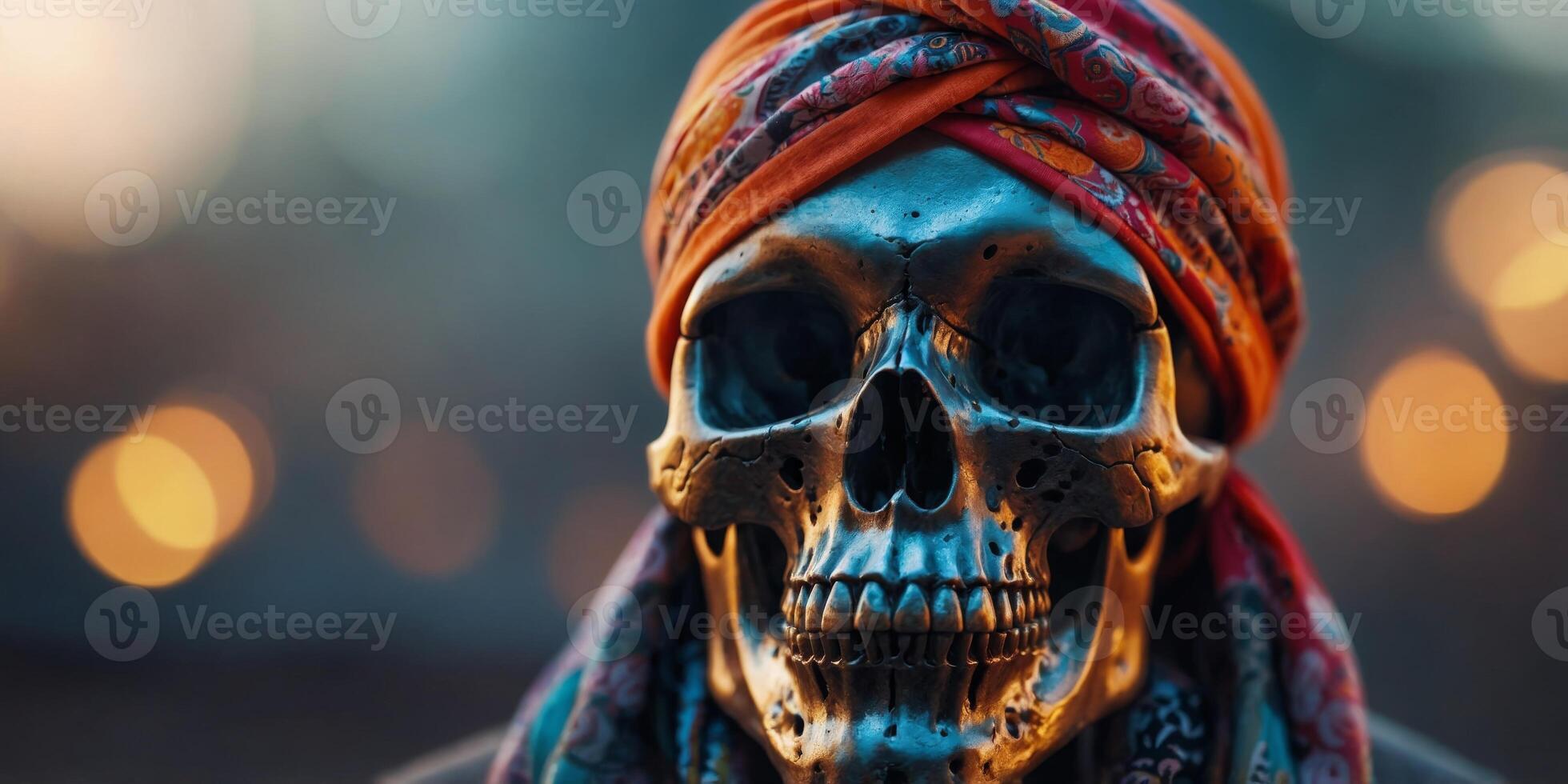A skull with a colorful bandana on its head. photo