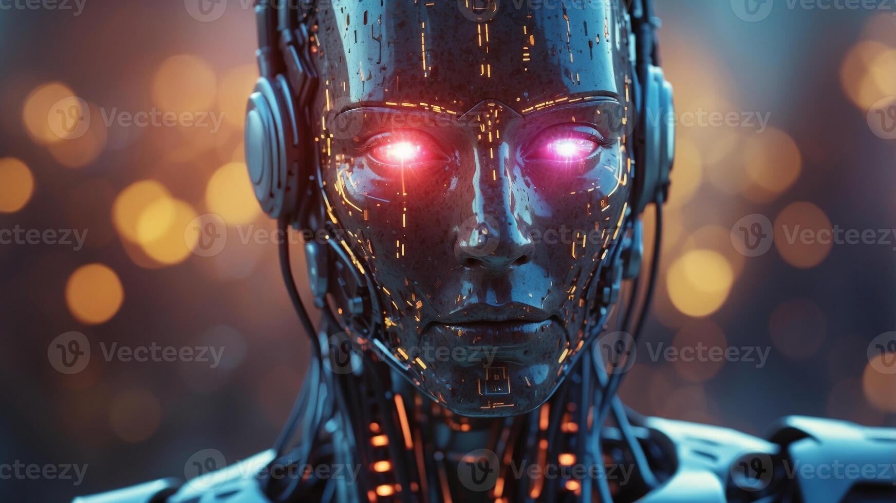 Artificial intelligence robot face with glowing data code. photo