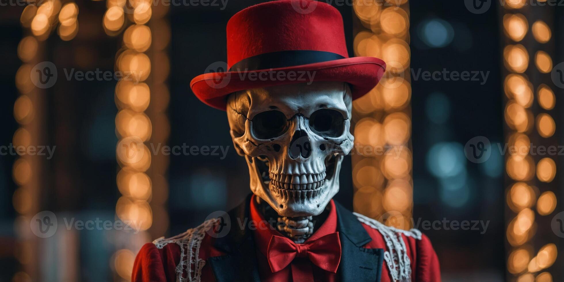 A skeleton dressed in a red dress and a red hat. photo