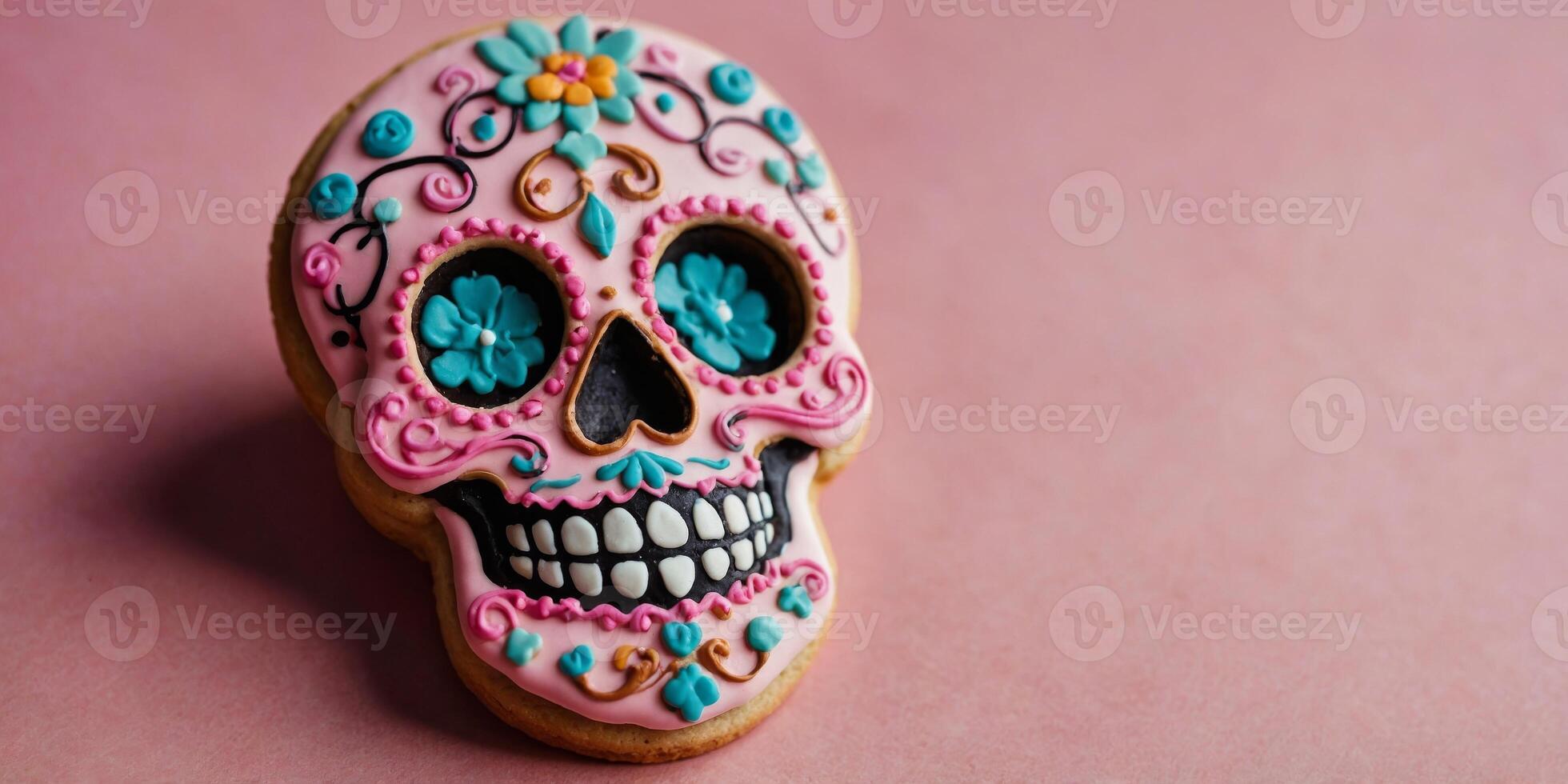 A close up of a decorated sugar skull cookie on a pink background. photo