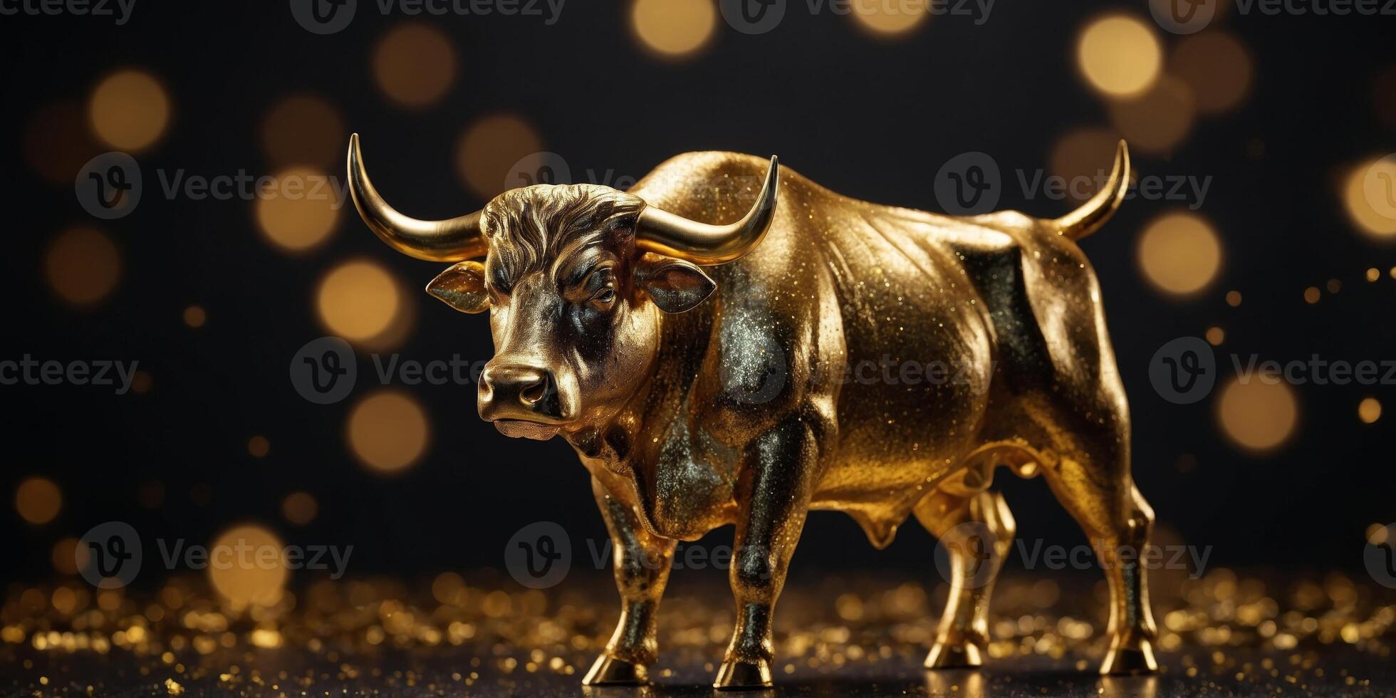 A gold bull is standing on a black background with a lot of gold glitter. photo
