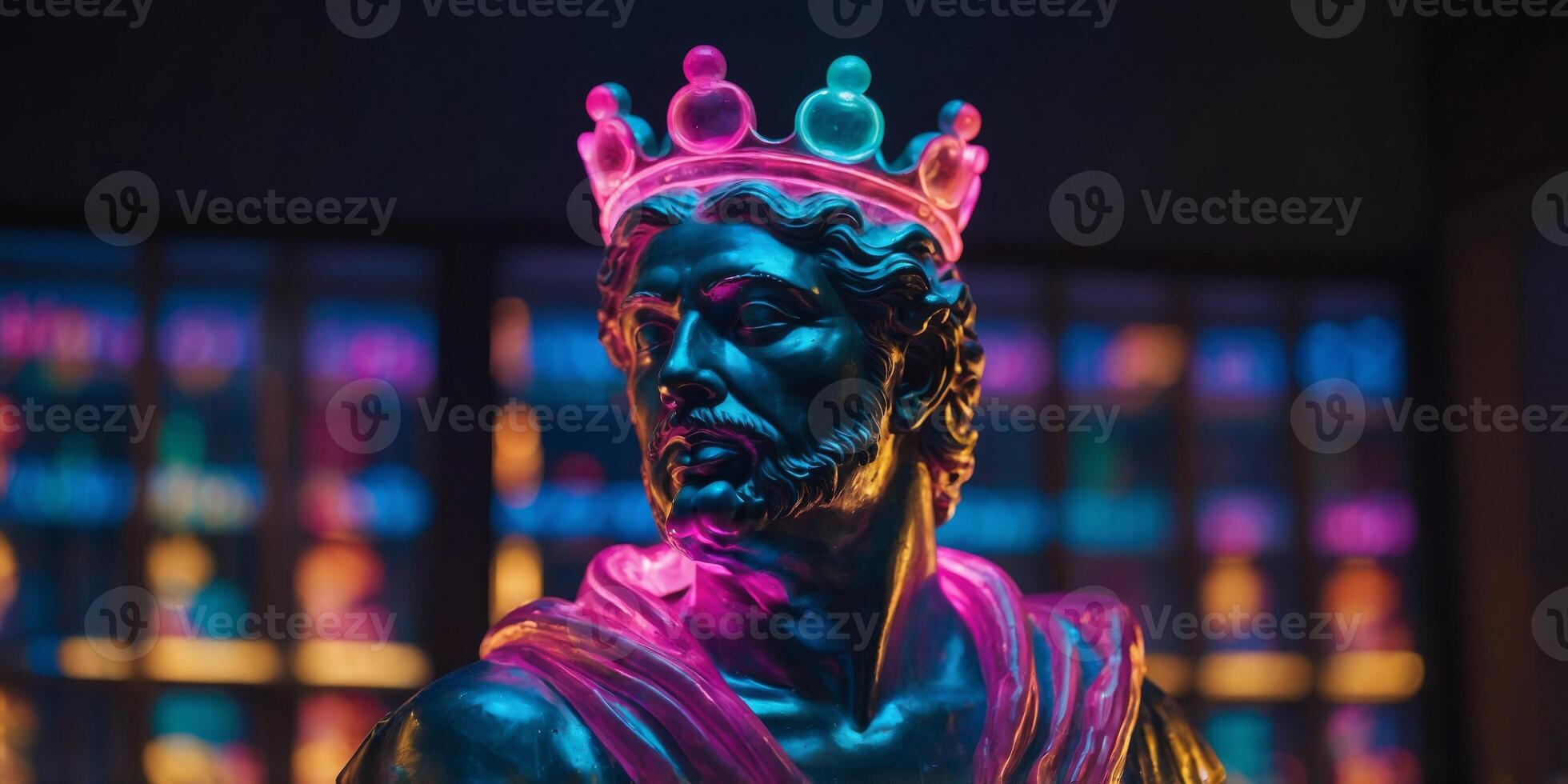 Colorful neon light sculpture of a classical bust with a crown and bubble gum. photo
