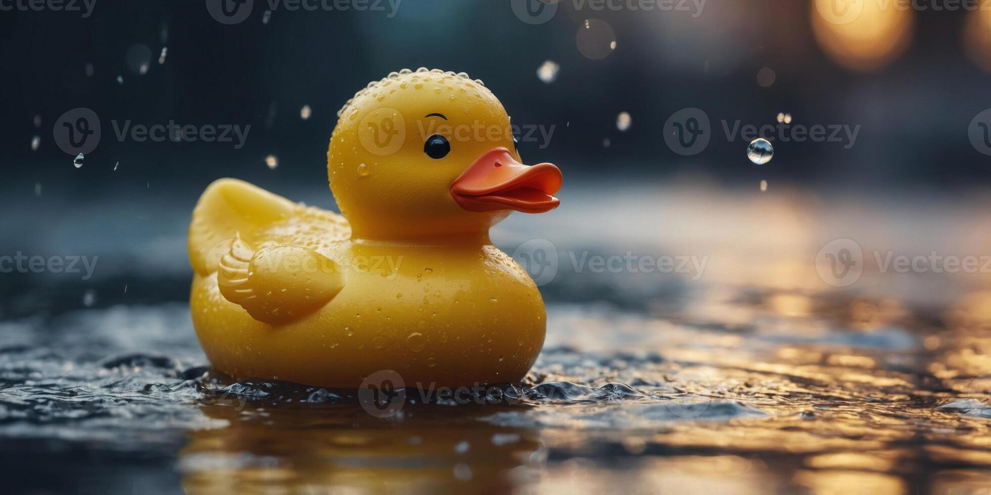 A yellow rubber duck is sitting in a puddle of water. photo