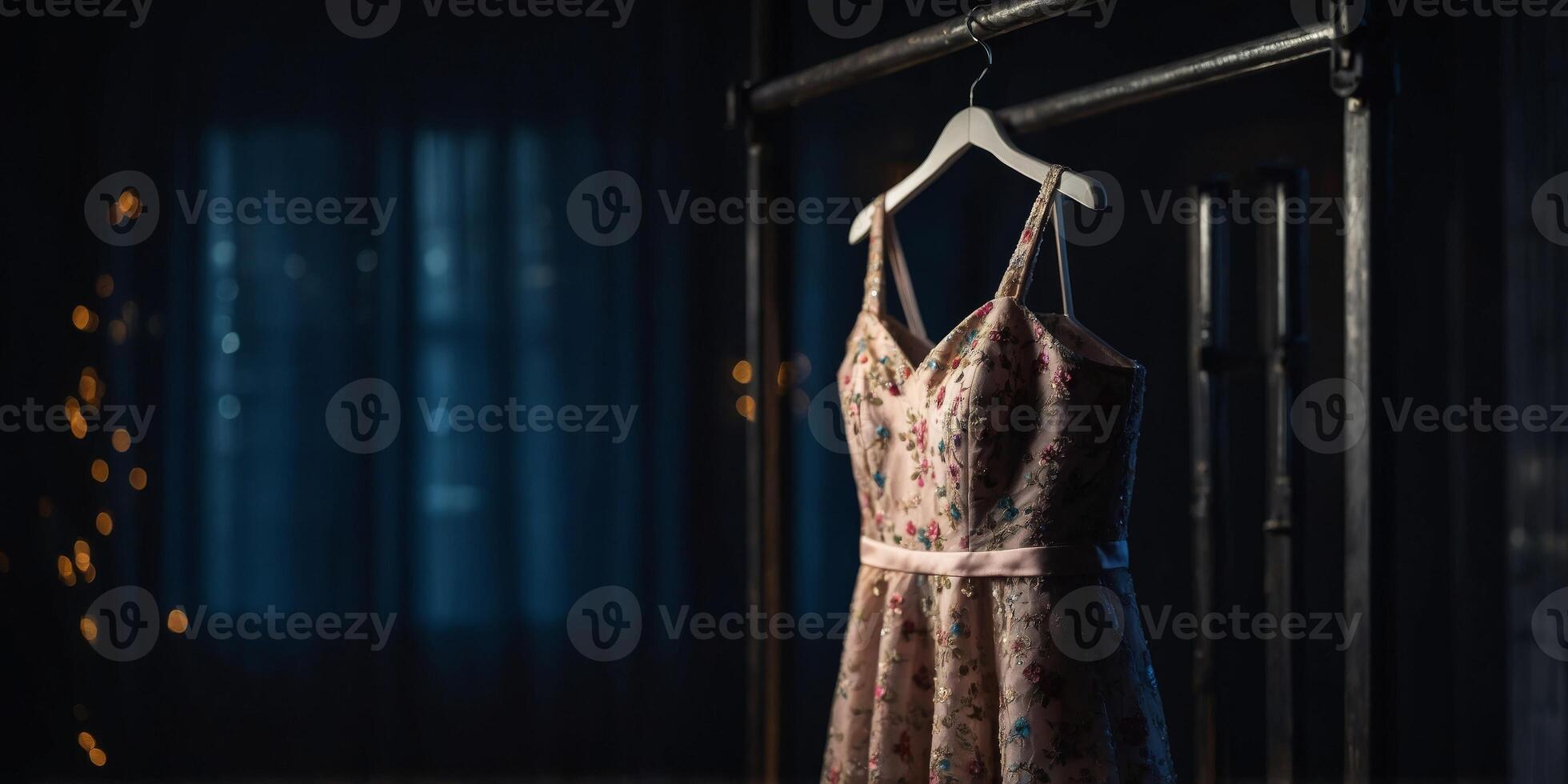 A dress hanging on a hanger in a dark room. photo
