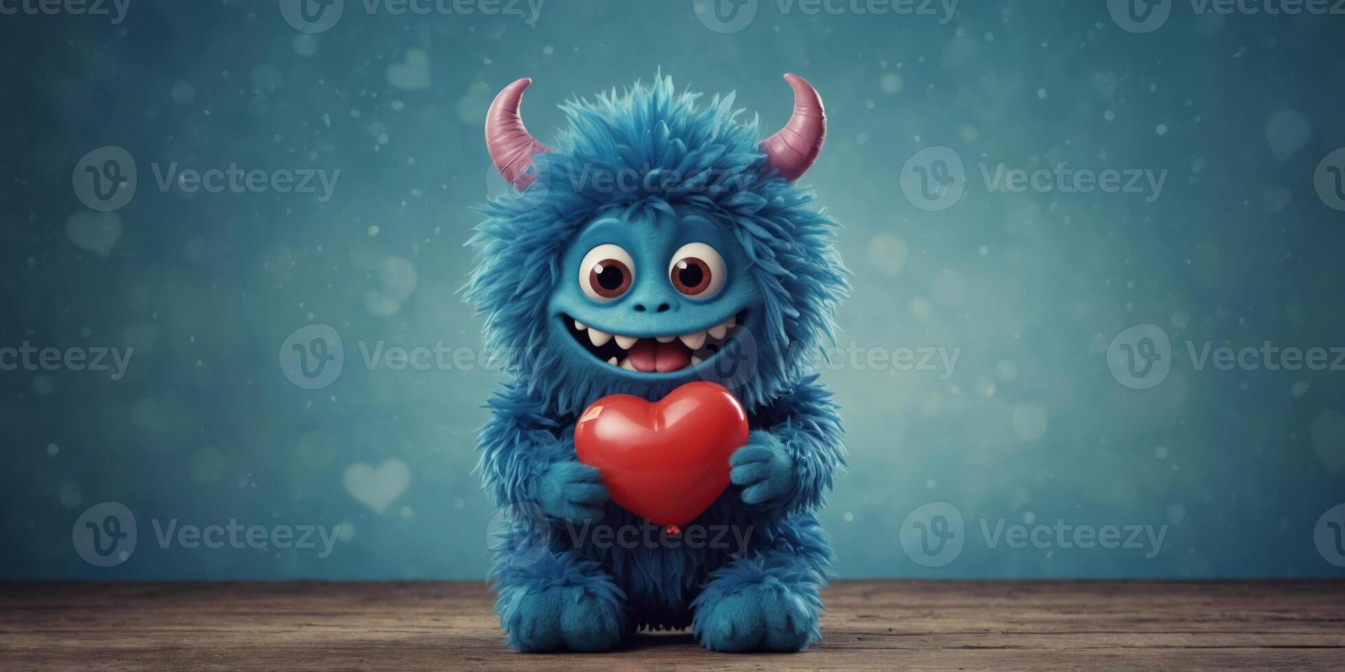 Funny cute blue monster with heart balloon. photo