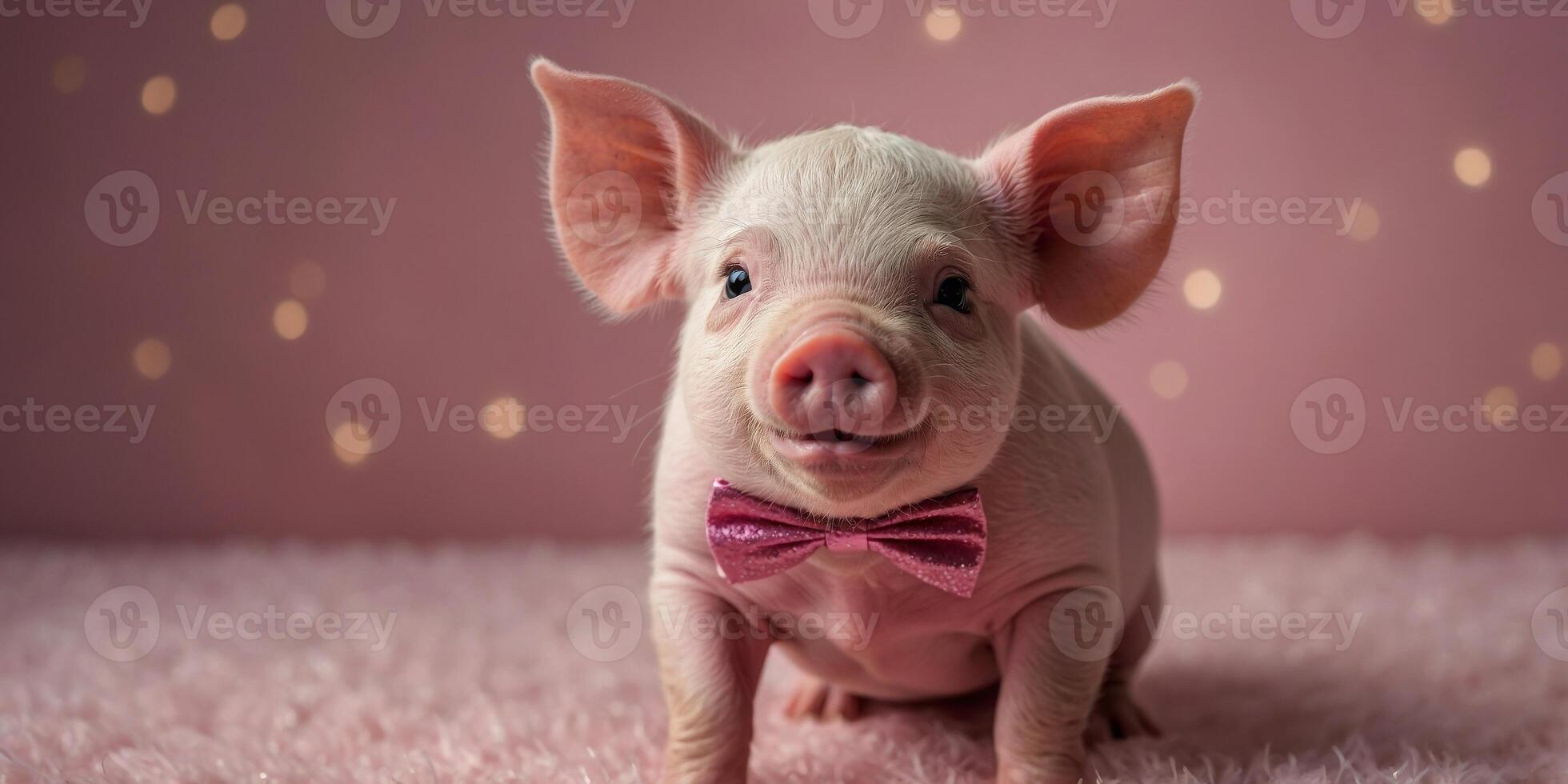 Adorable Piglet Wearing Bow Tie on Pink Background. photo