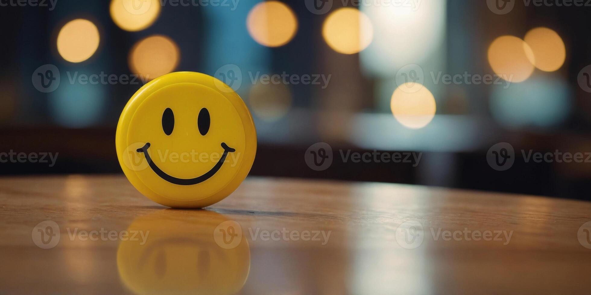 A yellow smiley face is sitting on a table. photo