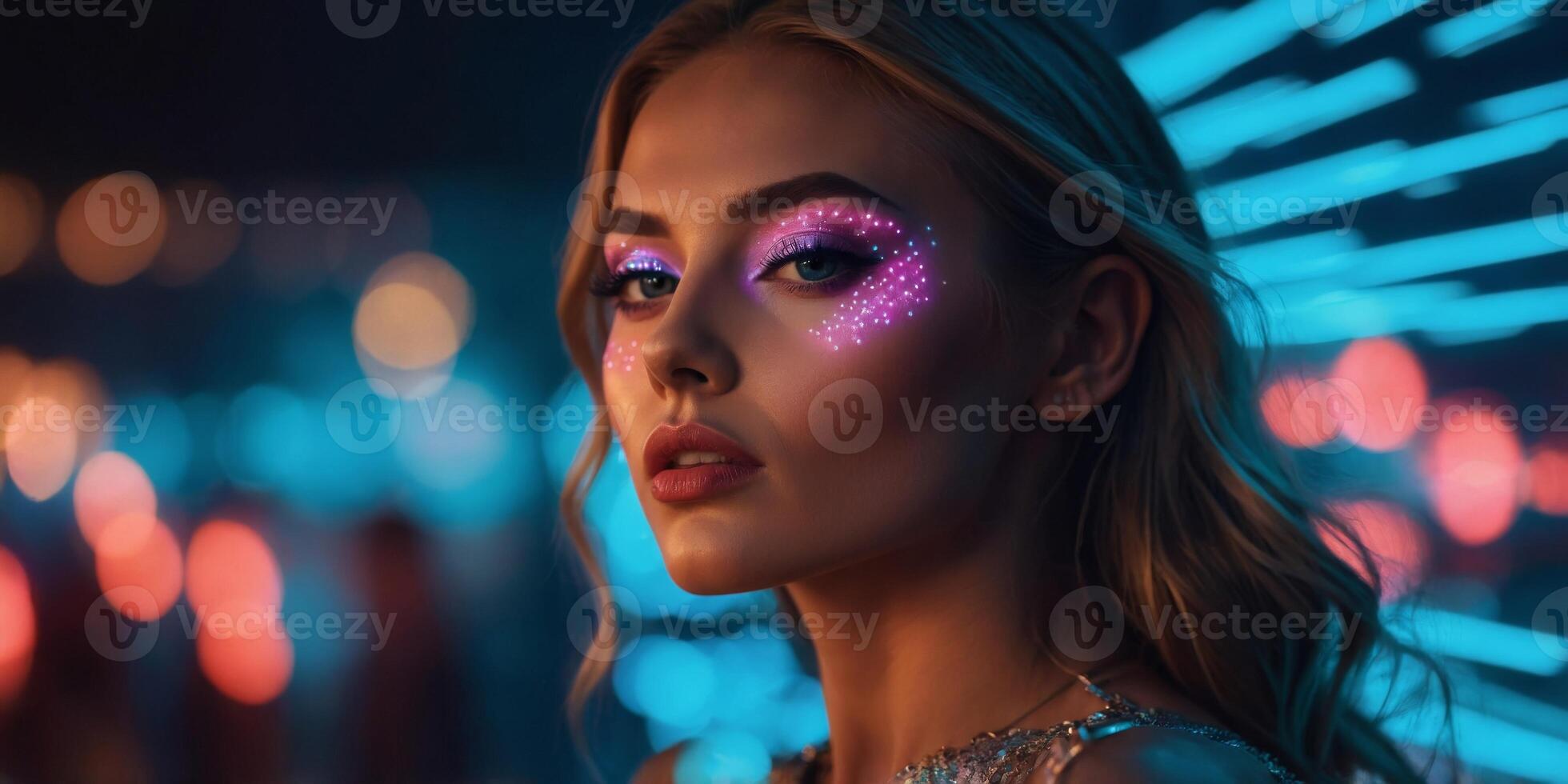 High fashion model poses in neon lights glowing make up. photo