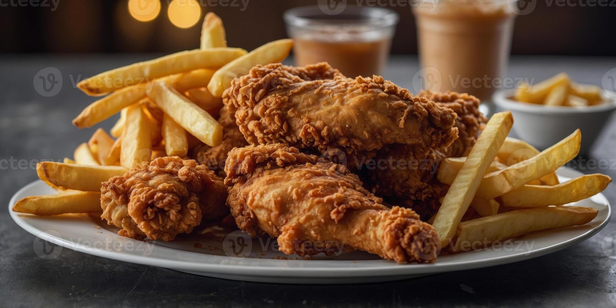 A close up of four pieces of fried chicken and a pile of french fries. photo