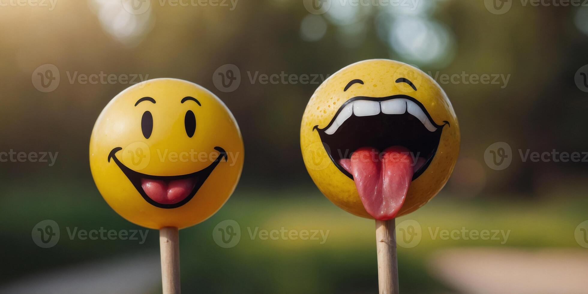 A yellow smiley face with a tongue sticking out is sitting on a stick. photo
