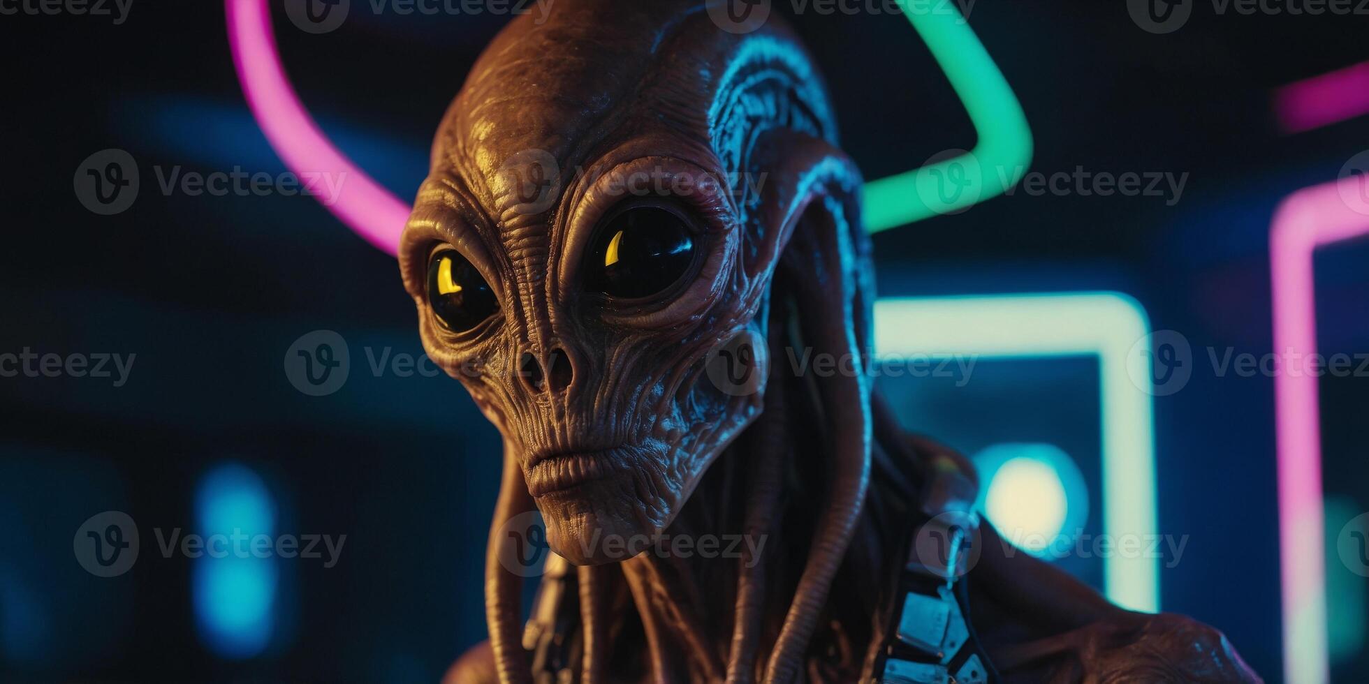 a vertical shot of a alien with neon lights. photo