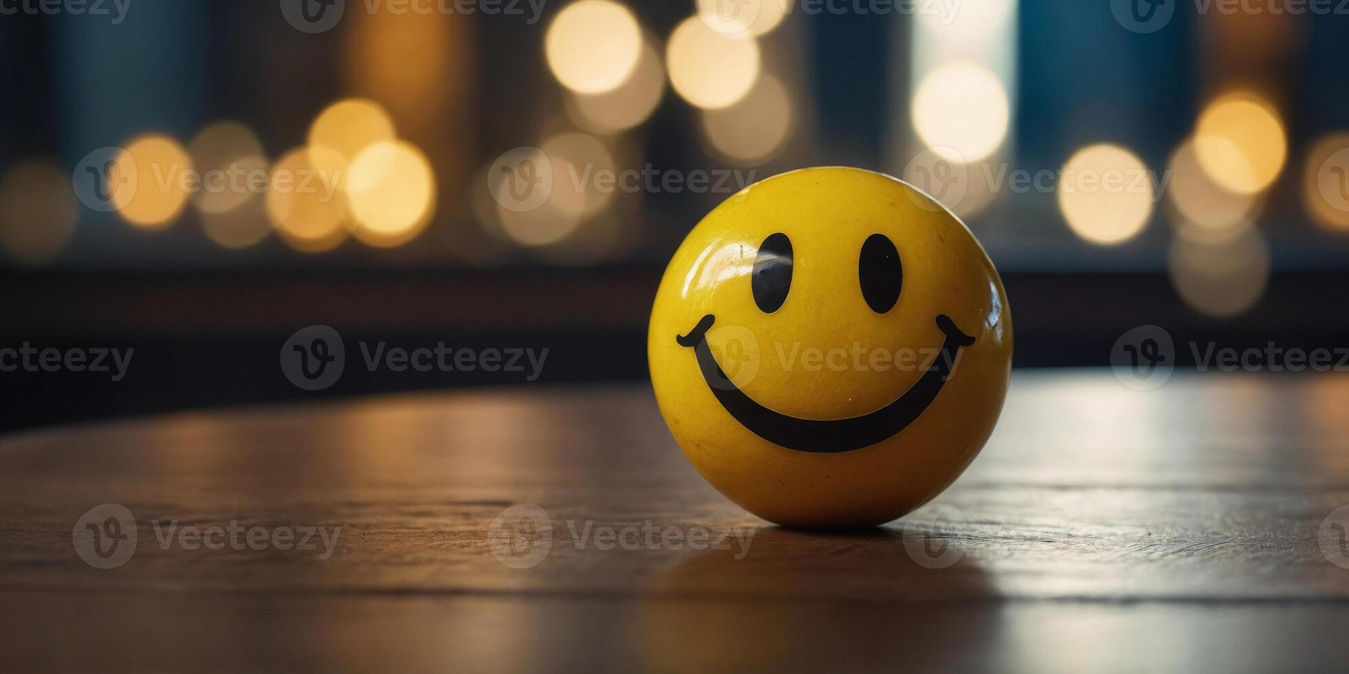 A yellow smiley face is sitting on a table. photo