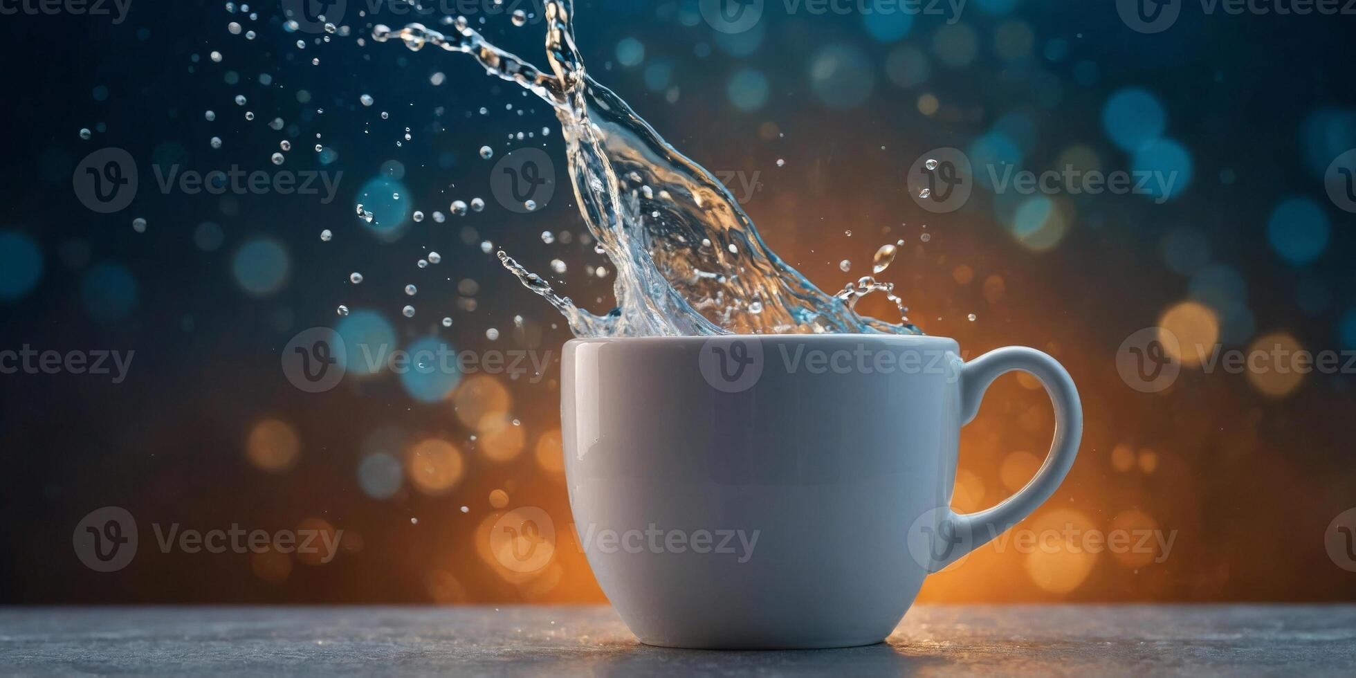 A white cup with water splashing out of it. photo