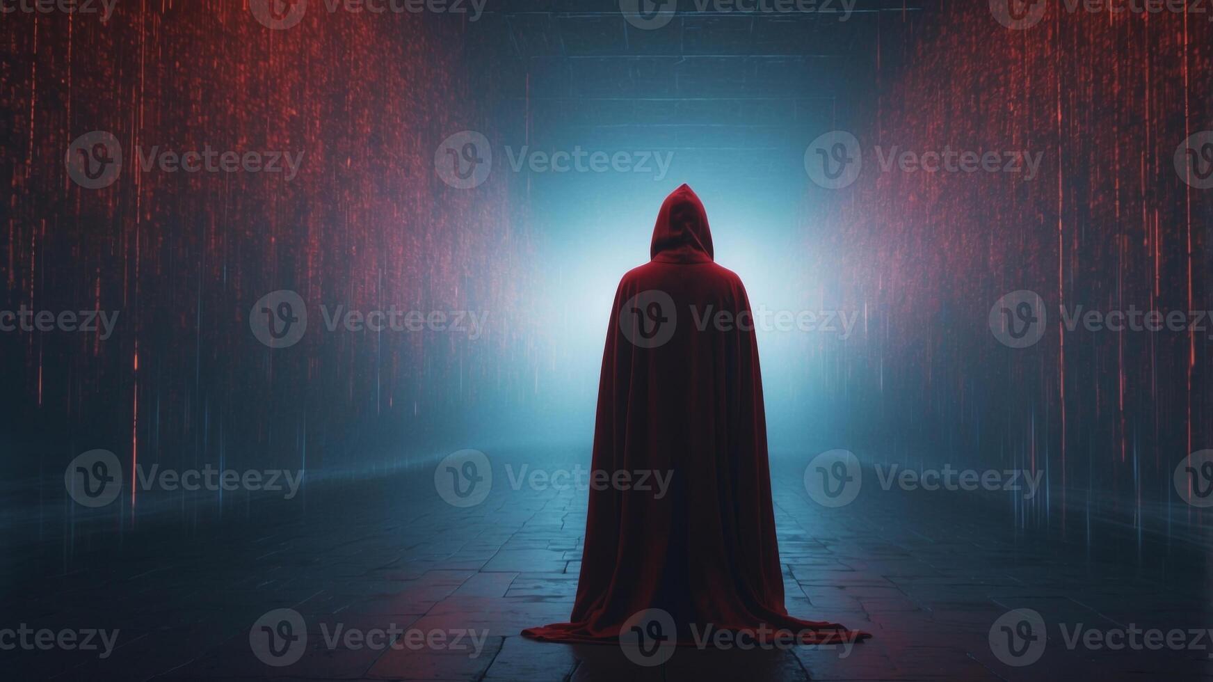 A hooded figure standing in a digital world filled with red and blue glowing data streams. photo