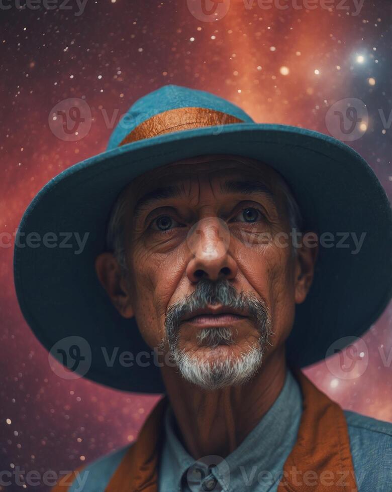 Mystical Wizard with Celestial Nebula Hat in Outer Space. photo