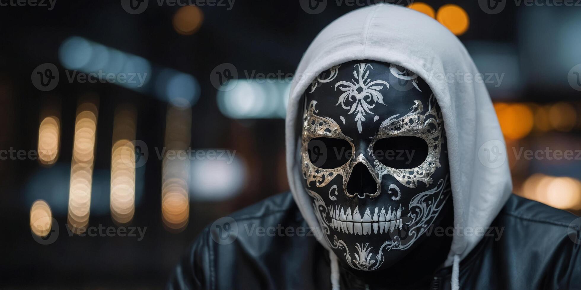 A white mask with a black face and a black skull design. photo