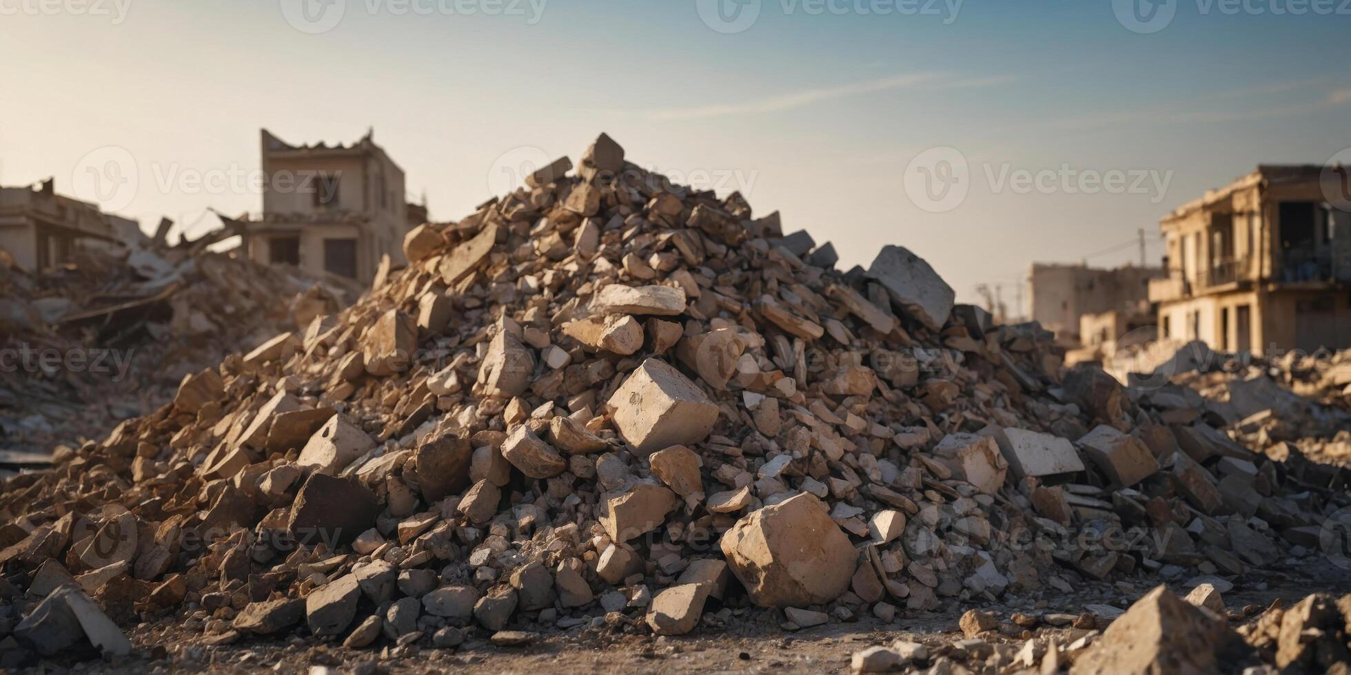 A close up of a pile of rubble with a lot of dust and debris. photo