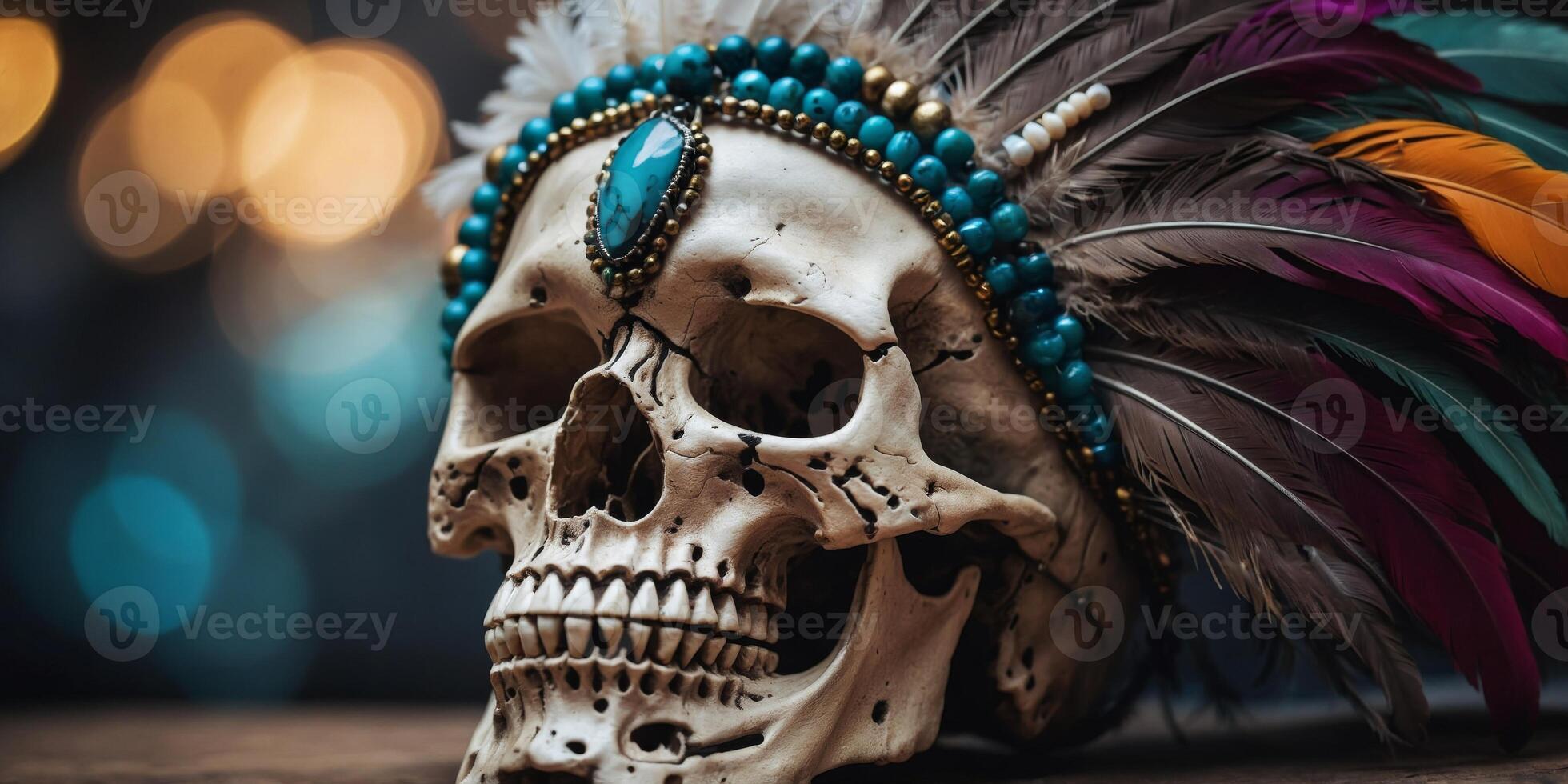 A skull with feather headdress and beads on its face. photo