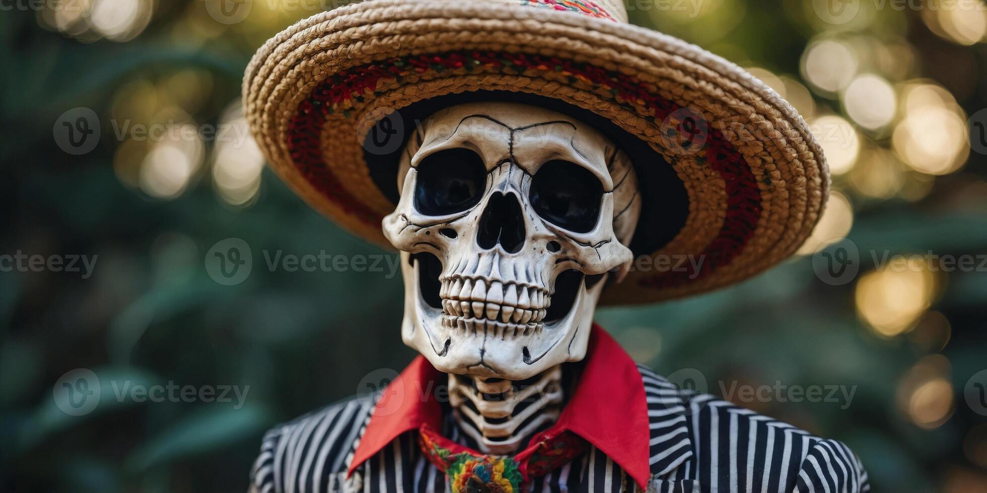 A skeleton wearing a sombrero and a striped shirt. photo