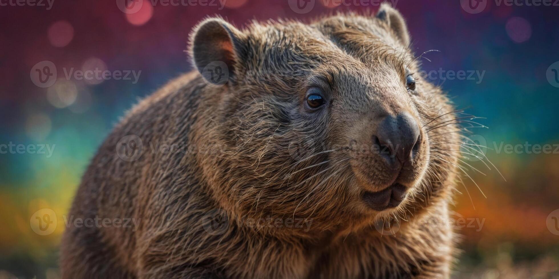 a wombat wearing sunglasses in front of a colorful background. photo
