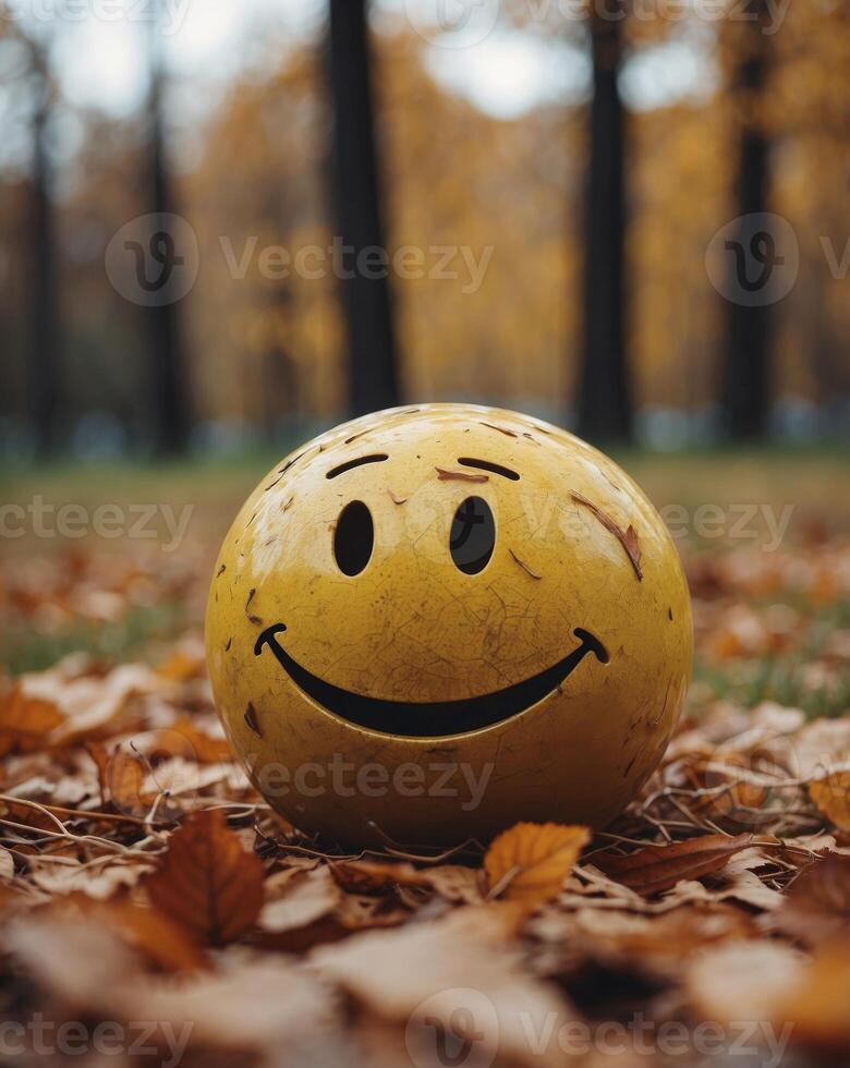 Worn Smiley Face Ball in Autumn Park - Symbol of Nostalgia and Time. photo