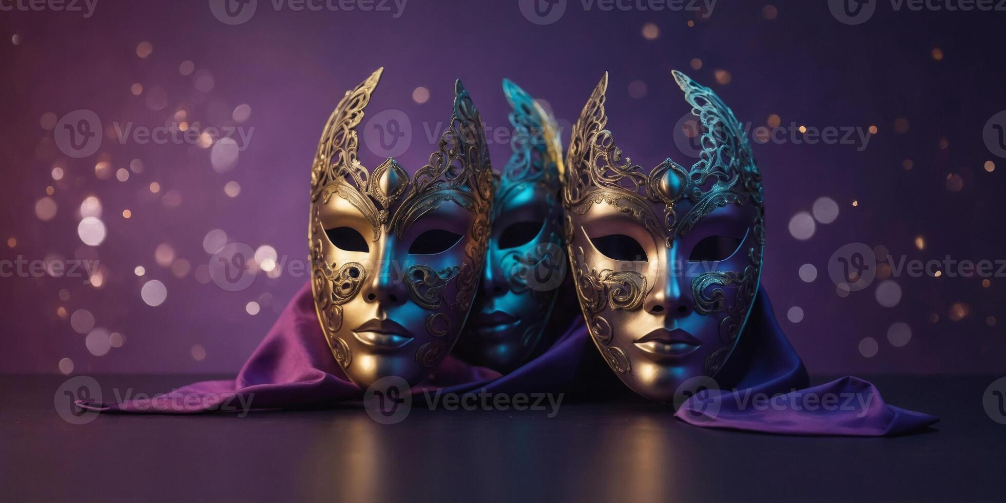 masks on purple background with copy space. photo