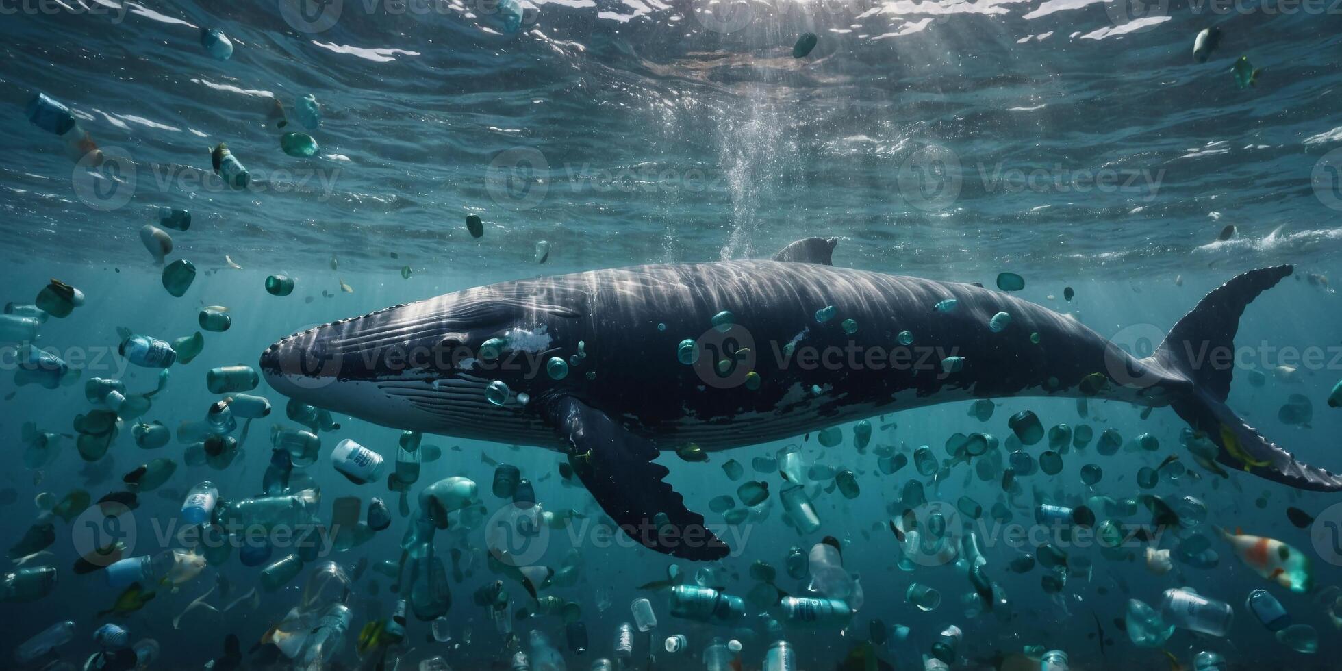 A whale is swimming in a sea of plastic bottles. photo