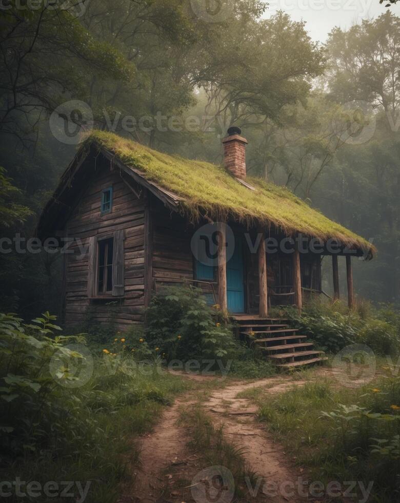 Old Abandoned Rustic Cottage in Misty Forest Path with Overgrown Vegetation. photo