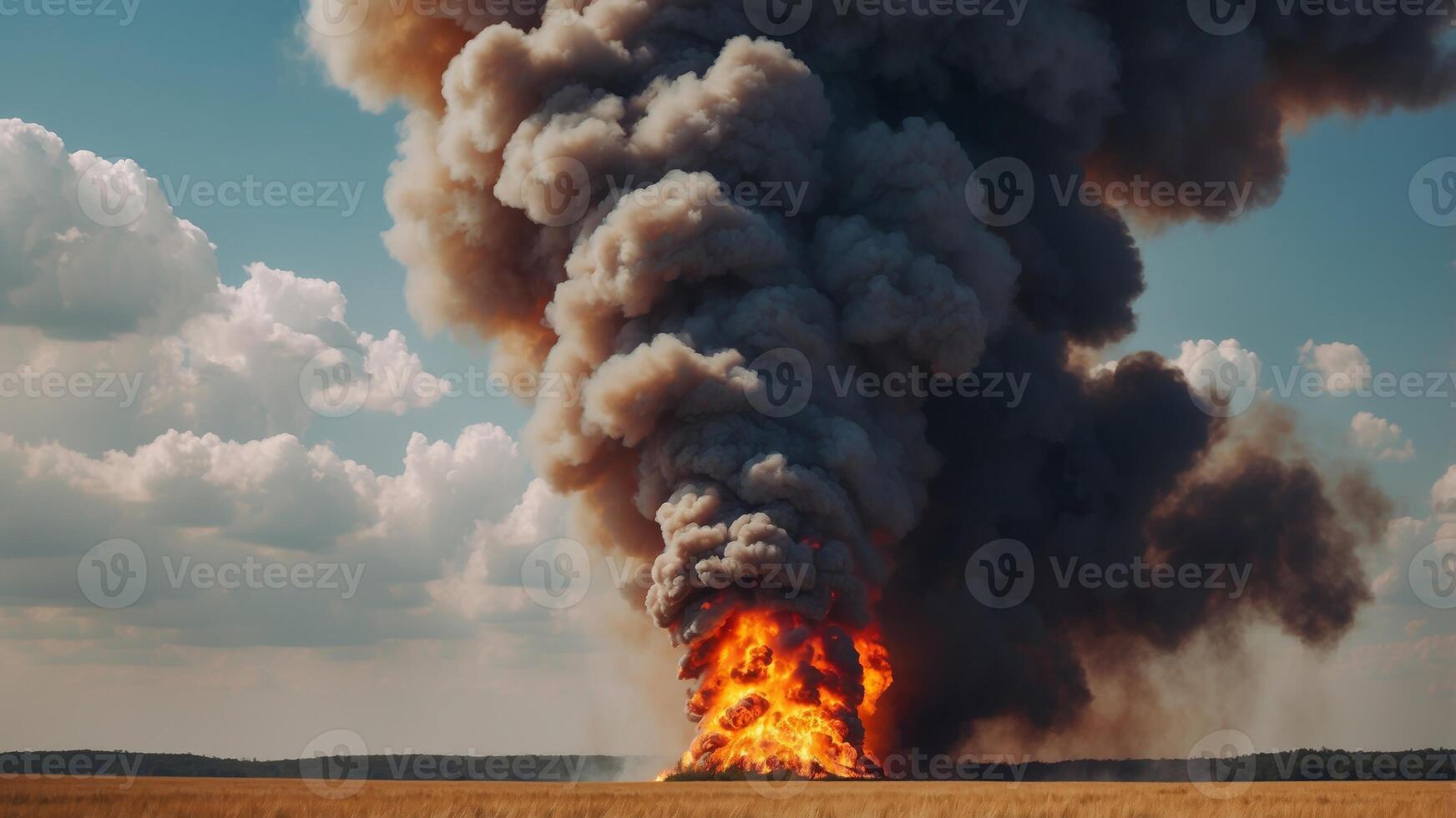 Big fire in the field and huge pillar of smoke to the clouds. photo