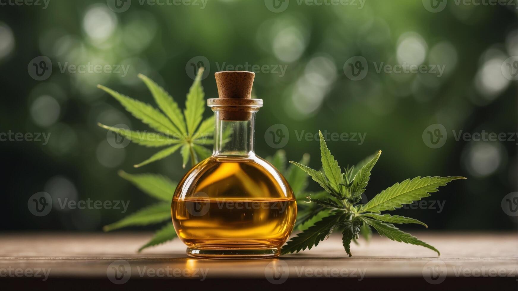A small glass bottle filled with golden oil with fresh green cannabis leaves beside it. photo