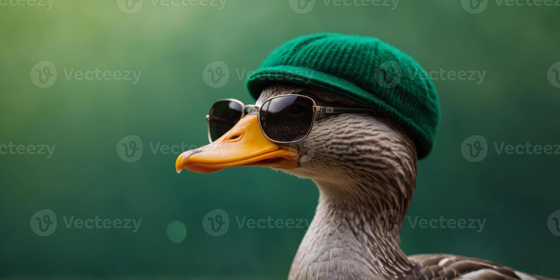 A duck wearing sunglasses and a green hat on a green background. photo