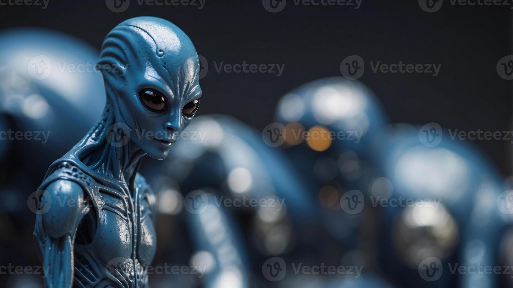 A silver and blue color action figure of an alien. photo