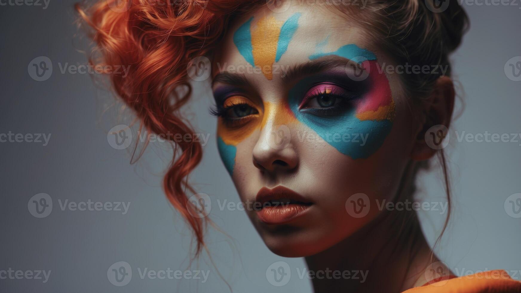 Dramatic Theatrical Makeup with Striking Colors. photo