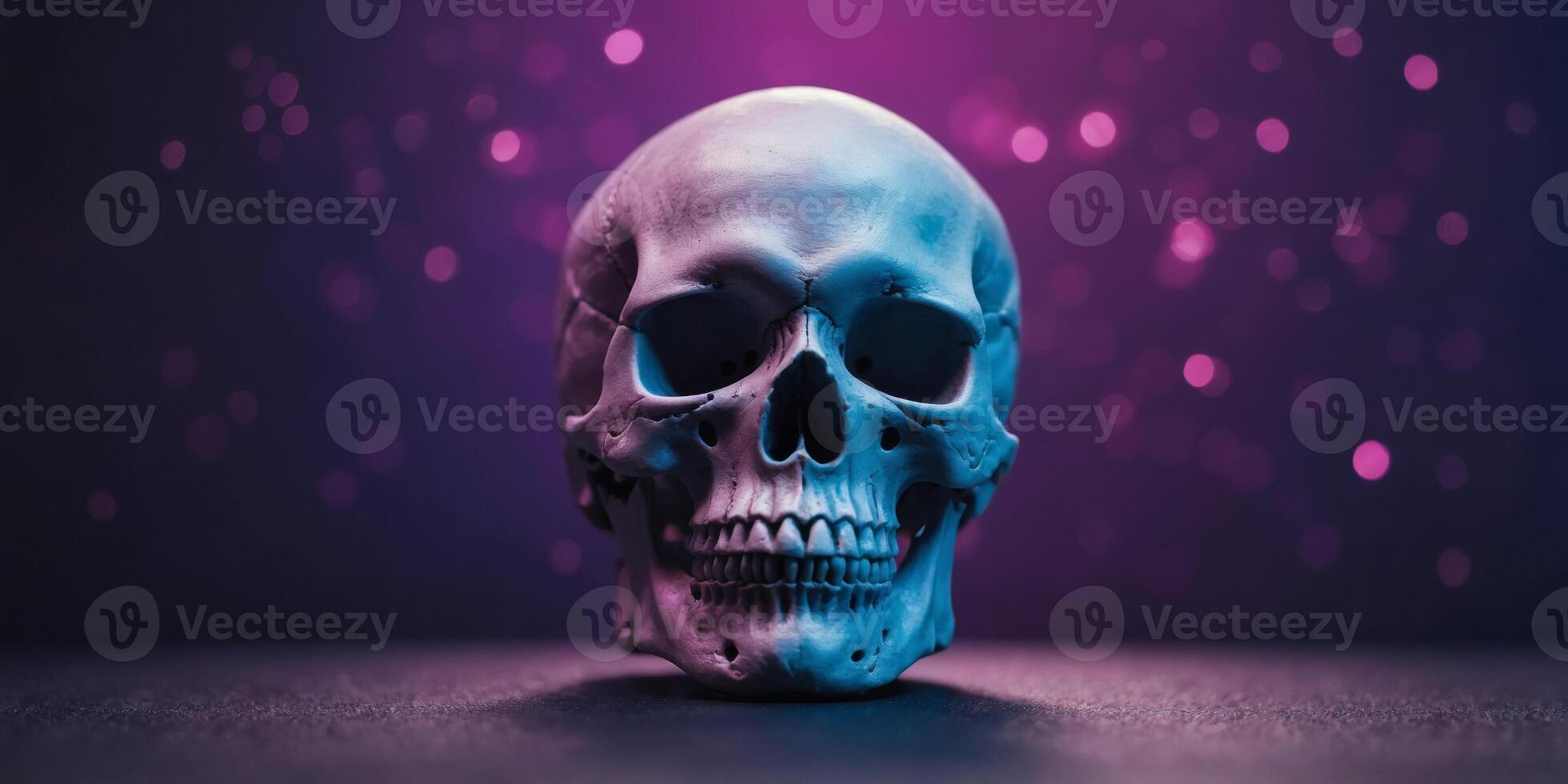 A purple background with a white skull and a blue and pink skull. photo