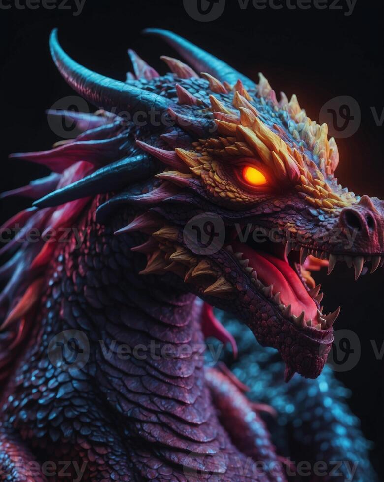 Colorful neon graphic of a dragon on a black background. photo